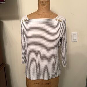 Lauren Ralph Lauren Striped Nautical Boat Neck Gold Button 3/4 Sleeve T-Shirt